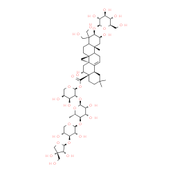 ChemSpider 2D Image | 3-O-[(2S,3R,4R)-3,4-Dihydroxy-4-(hydroxymethyl)tetrahydro-2-furanyl]-beta-D-xylopyranosyl-(1->4)-6-deoxy-alpha-L-mannopyranosyl-(1->2)-1-O-[(2beta,3beta,5xi,9xi,16alpha,18alpha)-3-(beta-D-glucopyranos
yloxy)-2,16,23,24-tetrahydroxy-28-oxoolean-12-en-28-yl]-alpha-L-arabinopyranose | C57H92O28