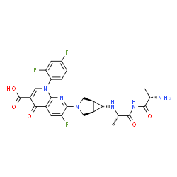 ChemSpider 2D Image | 7-[(1R,5S,6s)-6-{[(2S)-1-{[(2S)-2-Aminopropanoyl]amino}-1-oxo-2-propanyl]amino}-3-azabicyclo[3.1.0]hex-3-yl]-1-(2,4-difluorophenyl)-6-fluoro-4-oxo-1,4-dihydro-1,8-naphthyridine-3-carboxylic acid (non-
preferred name) | C26H25F3N6O5