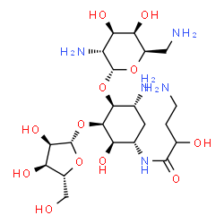 ChemSpider 2D Image | 4-Amino-N-[(1S,2R,3R,4S,5R)-5-amino-4-[(2,6-diamino-2,6-dideoxy-alpha-D-galactopyranosyl)oxy]-2-hydroxy-3-(beta-D-ribofuranosyloxy)cyclohexyl]-2-hydroxybutanamide | C21H41N5O12