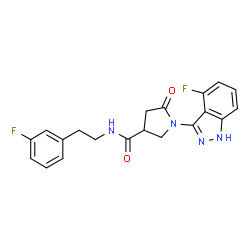 ChemSpider 2D Image | 1-(4-Fluoro-1H-indazol-3-yl)-N-[2-(3-fluorophenyl)ethyl]-5-oxo-3-pyrrolidinecarboxamide | C20H18F2N4O2