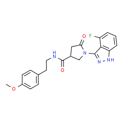 ChemSpider 2D Image | 1-(4-Fluoro-1H-indazol-3-yl)-N-[2-(4-methoxyphenyl)ethyl]-5-oxo-3-pyrrolidinecarboxamide | C21H21FN4O3