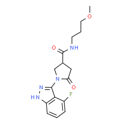ChemSpider 2D Image | 1-(4-Fluoro-1H-indazol-3-yl)-N-(3-methoxypropyl)-5-oxo-3-pyrrolidinecarboxamide | C16H19FN4O3