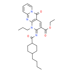 ChemSpider 2D Image | Ethyl (2Z)-2-{[(4-butylcyclohexyl)carbonyl]imino}-5-oxo-1-propyl-1,5-dihydro-2H-dipyrido[1,2-a:2',3'-d]pyrimidine-3-carboxylate | C28H36N4O4