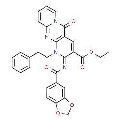 ChemSpider 2D Image | Ethyl (2Z)-2-[(1,3-benzodioxol-5-ylcarbonyl)imino]-5-oxo-1-(2-phenylethyl)-1,5-dihydro-2H-dipyrido[1,2-a:2',3'-d]pyrimidine-3-carboxylate | C30H24N4O6