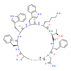 ChemSpider 2D Image | 2-[(7R,10S,13R,16R,19R,22S,25R)-25-Amino-13-(4-aminobutyl)-7,22-dibenzyl-10-[(1R)-1-hydroxyethyl]-16,19-bis(1H-indol-3-ylmethyl)-6,9,12,15,18,21,24-heptaoxo-1,2-dithia-5,8,11,14,17,20,23-heptaazacyclo
hexacosan-5-yl]acetamide | C57H70N12O9S2