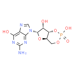 ChemSpider 2D Image | 2-Amino-9-[(4aR,6S,7R,7aS)-2,7-dihydroxy-2-oxidotetrahydro-4H-furo[3,2-d][1,3,2]dioxaphosphinin-6-yl]-1,9-dihydro-6H-purin-6-one | C10H12N5O7P