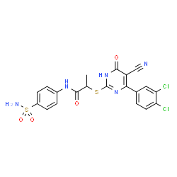 ChemSpider 2D Image | 2-{[5-Cyano-4-(3,4-dichlorophenyl)-6-oxo-1,6-dihydro-2-pyrimidinyl]sulfanyl}-N-(4-sulfamoylphenyl)propanamide | C20H15Cl2N5O4S2