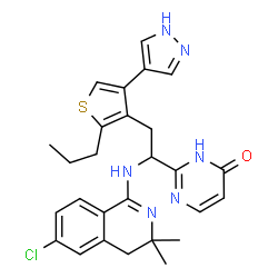 ChemSpider 2D Image | 2-{1-[(6-Chloro-3,3-dimethyl-3,4-dihydro-1-isoquinolinyl)amino]-2-[2-propyl-4-(1H-pyrazol-4-yl)-3-thienyl]ethyl}-4(1H)-pyrimidinone | C27H29ClN6OS