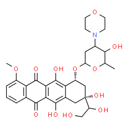 ChemSpider 2D Image | (1R,3R)-3-(1,2-Dihydroxyethyl)-3,5,12-trihydroxy-10-methoxy-6,11-dioxo-1,2,3,4,6,11-hexahydro-1-tetracenyl 2,3,6-trideoxy-3-(4-morpholinyl)hexopyranoside | C31H37NO12