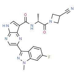 ChemSpider 2D Image | N-[(2R)-1-(3-Cyano-1-azetidinyl)-1-oxo-2-propanyl]-2-(6-fluoro-1-methyl-1H-indazol-3-yl)-4H-pyrrolo[2,3-b]pyrazine-7-carboxamide | C22H19FN8O2