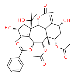 ChemSpider 2D Image | (2R,3aS,4R,6R,8S,8aS,9S,10R)-4,8,9-Triacetoxy-2,6-dihydroxy-3a-(2-hydroxy-2-propanyl)-1,8a-dimethyl-5-methylene-2,3,3a,4,4a,5,6,7,8,8a,9,10-dodecahydrobenzo[f]azulen-10-yl benzoate | C33H42O11