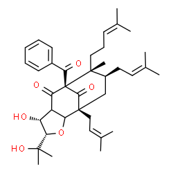 ChemSpider 2D Image | (1R,4S,5R,8S,9R,10S)-8-Benzoyl-5-hydroxy-4-(2-hydroxy-2-propanyl)-9-methyl-1,10-bis(3-methyl-2-buten-1-yl)-9-(4-methyl-3-penten-1-yl)-3-oxatricyclo[6.3.1.0~2,6~]dodecane-7,12-dione | C38H52O6