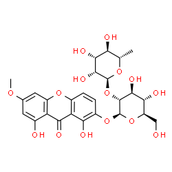 ChemSpider 2D Image | 1,8-Dihydroxy-6-methoxy-9-oxo-9H-xanthen-2-yl 2-O-(6-deoxy-alpha-L-mannopyranosyl)-beta-D-glucopyranoside | C26H30O15