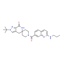 ChemSpider 2D Image | 2'-(2-Methyl-2-propanyl)-1-{[2-(propylamino)-7-quinolinyl]carbonyl}-2',4'-dihydrospiro[piperidine-4,5'-pyrazolo[3,4-c]pyridin]-7'(6'H)-one | C27H34N6O2