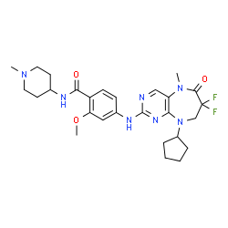 ChemSpider 2D Image | 4-[(9-Cyclopentyl-7,7-difluoro-5-methyl-6-oxo-6,7,8,9-tetrahydro-5H-pyrimido[4,5-b][1,4]diazepin-2-yl)amino]-2-methoxy-N-(1-methyl-4-piperidinyl)benzamide | C27H35F2N7O3
