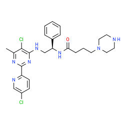 ChemSpider 2D Image | N-[(1R)-2-{[5-Chloro-2-(5-chloro-2-pyridinyl)-6-methyl-4-pyrimidinyl]amino}-1-phenylethyl]-4-(1-piperazinyl)butanamide | C26H31Cl2N7O