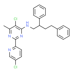 ChemSpider 2D Image | 5-Chloro-2-(5-chloro-2-pyridinyl)-N-(2,4-diphenylbutyl)-6-methyl-4-pyrimidinamine | C26H24Cl2N4