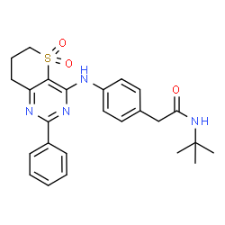 ChemSpider 2D Image | N-Tert-Butyl-2-{4-[(5,5-Dioxido-2-Phenyl-7,8-Dihydro-6h-Thiopyrano[3,2-D]pyrimidin-4-Yl)amino]phenyl}acetamide | C25H28N4O3S
