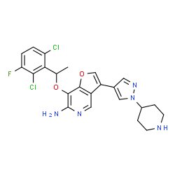 ChemSpider 2D Image | 7-[1-(2,6-Dichloro-3-fluorophenyl)ethoxy]-3-[1-(4-piperidinyl)-1H-pyrazol-4-yl]furo[3,2-c]pyridin-6-amine | C23H22Cl2FN5O2