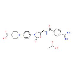 ChemSpider 2D Image | 1-{4-[(5R)-5-{[(4-Carbamimidoylbenzoyl)amino]methyl}-2-oxo-1,3-oxazolidin-3-yl]phenyl}-4-piperidinecarboxylic acid acetate (1:1) | C26H31N5O7