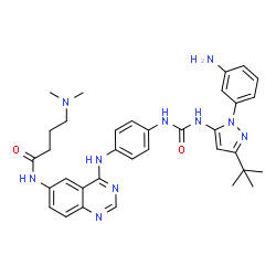 ChemSpider 2D Image | N-(4-{[4-({[1-(3-Aminophenyl)-3-Tert-Butyl-1h-Pyrazol-5-Yl]carbamoyl}amino)phenyl]amino}quinazolin-6-Yl)-4-(Dimethylamino)butanamide | C34H40N10O2