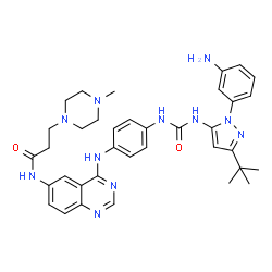 ChemSpider 2D Image | N-(4-{[4-({[1-(3-Aminophenyl)-3-Tert-Butyl-1h-Pyrazol-5-Yl]carbamoyl}amino)phenyl]amino}quinazolin-6-Yl)-3-(4-Methylpiperazin-1-Yl)propanamide | C36H43N11O2