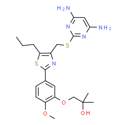 ChemSpider 2D Image | 1-[5-(4-{[(4,6-Diamino-2-pyrimidinyl)sulfanyl]methyl}-5-propyl-1,3-thiazol-2-yl)-2-methoxyphenoxy]-2-methyl-2-propanol | C22H29N5O3S2