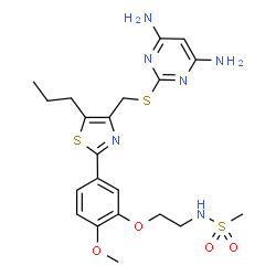 ChemSpider 2D Image | N-{2-[5-(4-{[(4,6-Diamino-2-pyrimidinyl)sulfanyl]methyl}-5-propyl-1,3-thiazol-2-yl)-2-methoxyphenoxy]ethyl}methanesulfonamide | C21H28N6O4S3