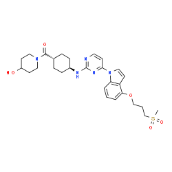 ChemSpider 2D Image | (4-Hydroxy-1-piperidinyl){trans-4-[(4-{4-[3-(methylsulfonyl)propoxy]-1H-indol-1-yl}-2-pyrimidinyl)amino]cyclohexyl}methanone | C28H37N5O5S
