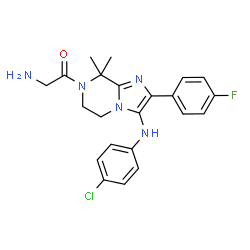 ChemSpider 2D Image | 2-Amino-1-{3-[(4-chlorophenyl)amino]-2-(4-fluorophenyl)-8,8-dimethyl-5,6-dihydroimidazo[1,2-a]pyrazin-7(8H)-yl}ethanone | C22H23ClFN5O