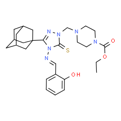 ChemSpider 2D Image | Ethyl 4-({3-(adamantan-1-yl)-4-[(E)-(2-hydroxybenzylidene)amino]-5-thioxo-4,5-dihydro-1H-1,2,4-triazol-1-yl}methyl)-1-piperazinecarboxylate | C27H36N6O3S