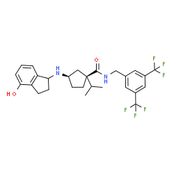 ChemSpider 2D Image | (1S,3R)-N-[3,5-Bis(trifluoromethyl)benzyl]-3-[(4-hydroxy-2,3-dihydro-1H-inden-1-yl)amino]-1-isopropylcyclopentanecarboxamide | C27H30F6N2O2