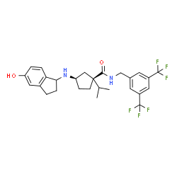 ChemSpider 2D Image | (1S,3R)-N-[3,5-Bis(trifluoromethyl)benzyl]-3-[(5-hydroxy-2,3-dihydro-1H-inden-1-yl)amino]-1-isopropylcyclopentanecarboxamide | C27H30F6N2O2