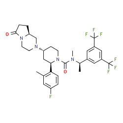 ChemSpider 2D Image | (2R,4R)-N-{(1R)-1-[3,5-Bis(trifluoromethyl)phenyl]ethyl}-2-(4-fluoro-2-methylphenyl)-N-methyl-4-[(8aS)-6-oxohexahydropyrrolo[1,2-a]pyrazin-2(1H)-yl]-1-piperidinecarboxamide | C31H35F7N4O2