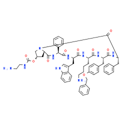 ChemSpider 2D Image | Cyclo[(2S)-2-phenylglycyl-D-tryptophyl-L-lysyl-O-benzyl-L-tyrosyl-L-phenylalanyl-(4S)-4-{[(2-aminoethyl)carbamoyl]oxy}-L-prolyl] | C58H66N10O9