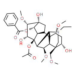 ChemSpider 2D Image | (1beta,3beta,6alpha,8alpha,10alpha,14beta,15beta,16beta)-8-Acetoxy-20-ethyl-3,13,15-trihydroxy-1,6,16-trimethoxy-4-(methoxymethyl)aconitan-14-yl benzoate | C34H47NO11