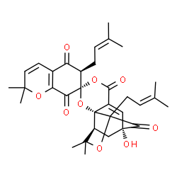ChemSpider 2D Image | (1'S,2'R,6R,7S,9'R)-9'-Hydroxy-2,2,13',13'-tetramethyl-6,11'-bis(3-methyl-2-buten-1-yl)-6'H,10'H-spiro[chromene-7,4'-[3,5,12]trioxatetracyclo[7.4.1.0~2,7~.0~2,11~]tetradec[7]ene]-5,6',8,10'(2H,6H)-tet
rone | C33H38O9