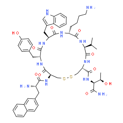 ChemSpider 2D Image | (4R,7S,10R,13S,16R,19S)-10-(4-Aminobutyl)-N-[(2S,3R)-1-amino-3-hydroxy-1-oxo-2-butanyl]-19-{[(2S)-2-amino-3-(2-naphthyl)propanoyl]amino}-16-(4-hydroxybenzyl)-13-(1H-indol-3-ylmethyl)-7-isopropyl-6,9,1
2,15,18-pentaoxo-1,2-dithia-5,8,11,14,17-pentaazacycloicosane-4-carboxamide (non-preferred name) | C54H69N11O10S2