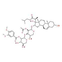 ChemSpider 2D Image | (3beta,16beta,17alpha)-3,17-Dihydroxy-22-oxocholest-5-en-16-yl 2-O-acetyl-3-O-[2-O-(3,4-dimethoxybenzoyl)-beta-D-lyxopyranosyl]-alpha-L-lyxopyranoside | C48H70O16