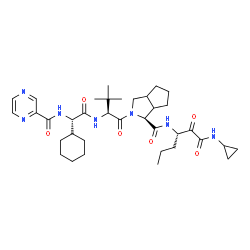 ChemSpider 2D Image | (1S)-2-[(2S)-2-({(2S)-2-Cyclohexyl-2-[(2-pyrazinylcarbonyl)amino]acetyl}amino)-3,3-dimethylbutanoyl]-N-[(3S)-1-(cyclopropylamino)-1,2-dioxo-3-hexanyl]octahydrocyclopenta[c]pyrrole-1-carboxamide (non-p
referred name) | C36H53N7O6