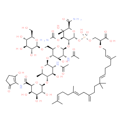 ChemSpider 2D Image | (2S)-3-[[(2R,3R,4R,5S,6S)-3-[(2S,3R,4R,5S,6R)-3-acetamido-5-[(2S,3R,4R,5S,6R)-3-acetamido-4-hydroxy-6-methyl-5-[(2R,3R,4S,5R,6S)-3,4,5-trihydroxy-6-[(2-hydroxy-5-oxo-cyclopenten-1-yl)carbamoyl]tetrahydropyran-2-yl]oxy-tetrahydropyran-2-yl]oxy-4-hydroxy-6-[[(2R,3R,4S,5S,6R)-3,4,5-trihydroxy-6-(hydroxymethyl)tetrahydropyran-2-yl]oxymethyl]tetrahydropyran-2-yl]oxy-6-carbamoyl-4-carbamoyloxy-5-hydroxy-5-methyl-tetrahydropyran-2-yl]oxy-hydroxy-phosphoryl]oxy-2-[(2E,6E,13E)-3,8,8,14,18-pentamethyl-11-methylene-nonadeca-2,6,13,17-tetraenoxy]propanoic acid | C69H108N5O34P
