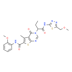 ChemSpider 2D Image | 3-(1-{[5-(Methoxymethyl)-1,3,4-thiadiazol-2-yl]amino}-1-oxo-2-butanyl)-N-(2-methoxyphenyl)-5-methyl-4-oxo-3,4-dihydrothieno[2,3-d]pyrimidine-6-carboxamide | C23H24N6O5S2
