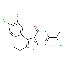 ChemSpider 2D Image | 2-(1-Chloroethyl)-5-(3,4-dichlorophenyl)-6-ethylthieno[2,3-d]pyrimidin-4(1H)-one | C16H13Cl3N2OS