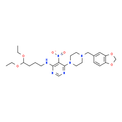 ChemSpider 2D Image | 6-[4-(1,3-Benzodioxol-5-ylmethyl)-1-piperazinyl]-N-(4,4-diethoxybutyl)-5-nitro-4-pyrimidinamine | C24H34N6O6