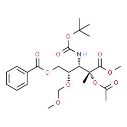 ChemSpider 2D Image | Methyl 2-O-acetyl-5-O-benzoyl-3-deoxy-4-O-(methoxymethyl)-2-C-methyl-3-({[(2-methyl-2-propanyl)oxy]carbonyl}amino)-D-xylonate | C23H33NO10