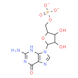 ChemSpider 2D Image | 2-Amino-9-(5-O-phosphonatopentofuranosyl)-3,9-dihydro-6H-purin-6-one | C10H12N5O8P