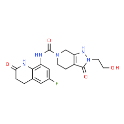 ChemSpider 2D Image | N-(6-Fluoro-2-oxo-1,2,3,4-tetrahydro-8-quinolinyl)-2-(2-hydroxyethyl)-3-oxo-1,2,3,4,5,7-hexahydro-6H-pyrazolo[3,4-c]pyridine-6-carboxamide | C18H20FN5O4