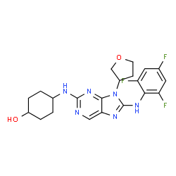 ChemSpider 2D Image | 4-({9-(Tetrahydro-3-furanyl)-8-[(2,4,6-trifluorophenyl)amino]-9H-purin-2-yl}amino)cyclohexanol | C21H23F3N6O2