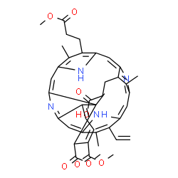 ChemSpider 2D Image | 3-[22,23-Bis(methoxycarbonyl)-5-(3-methoxy-3-oxopropyl)-4,10,15,24-tetramethyl-14-vinyl-25,26,27,28-tetraazahexacyclo[16.6.1.1~3,6~.1~8,11~.1~13,16~.0~19,24~]octacosa-1,3,5,7,9,11(27),12,14,16,18(25),
19,21-dodecaen-9-yl]propanoic acid | C41H42N4O8