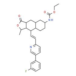 ChemSpider 2D Image | Ethyl (9-{(E)-2-[5-(3-fluorophenyl)-2-pyridinyl]vinyl}-1-methyl-3-oxododecahydronaphtho[2,3-c]furan-6-yl)carbamate | C29H33FN2O4